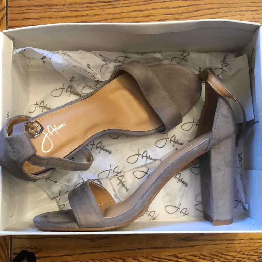 Gray faux suede ankle strap heels